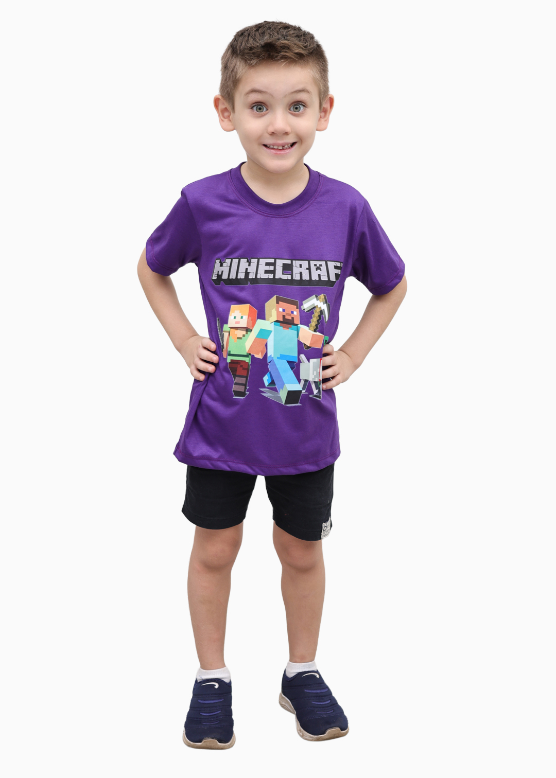 Camiseta Infantil Básica Roxo Minecraft Algodão